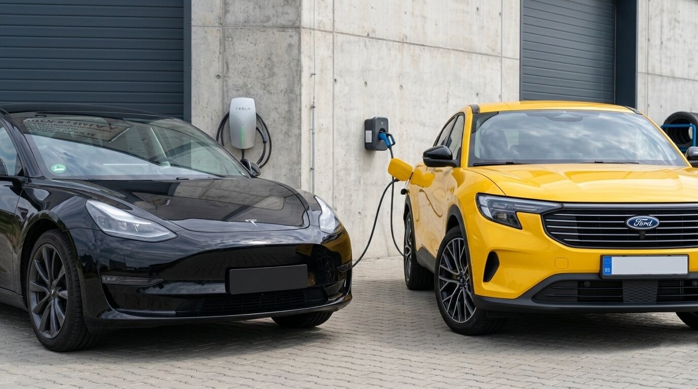 Nabíjení elektromobilů Tesla Model 3 a Ford Capri.